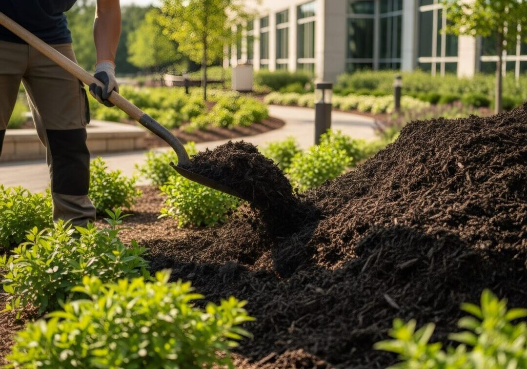 Man lifting shovel full of dark mulch onto a large pile, demonstrating professional landscaping and garden maintenance at a commercial property.